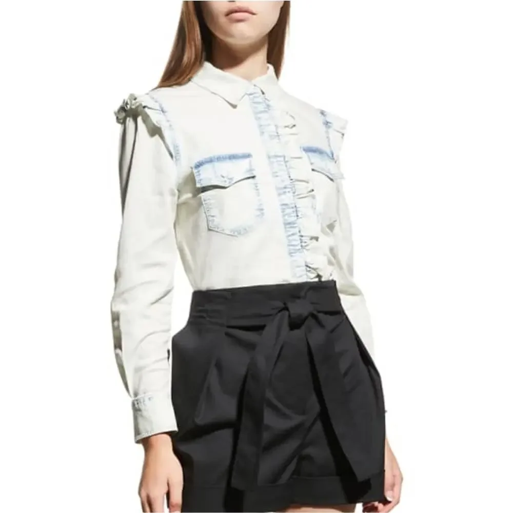 Alice + Olivia Ruffle denim button blouse size small - Picture 1 of 6